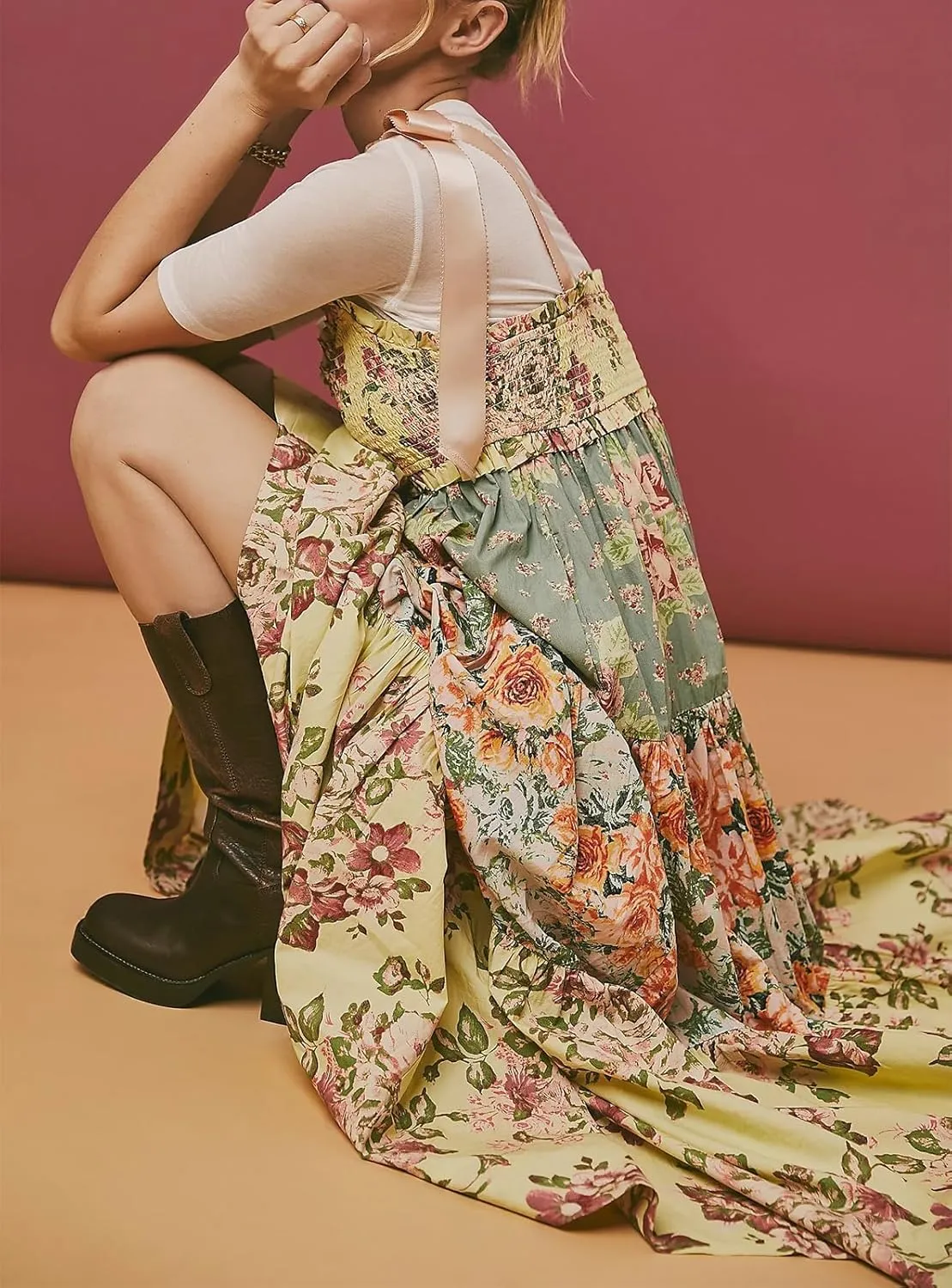 Women's Boho Tie Shoulder Dress Y2k Floral Long Flowy Maxi Dresses Cute Summer Smocked Picnic Beach Cami Sundress