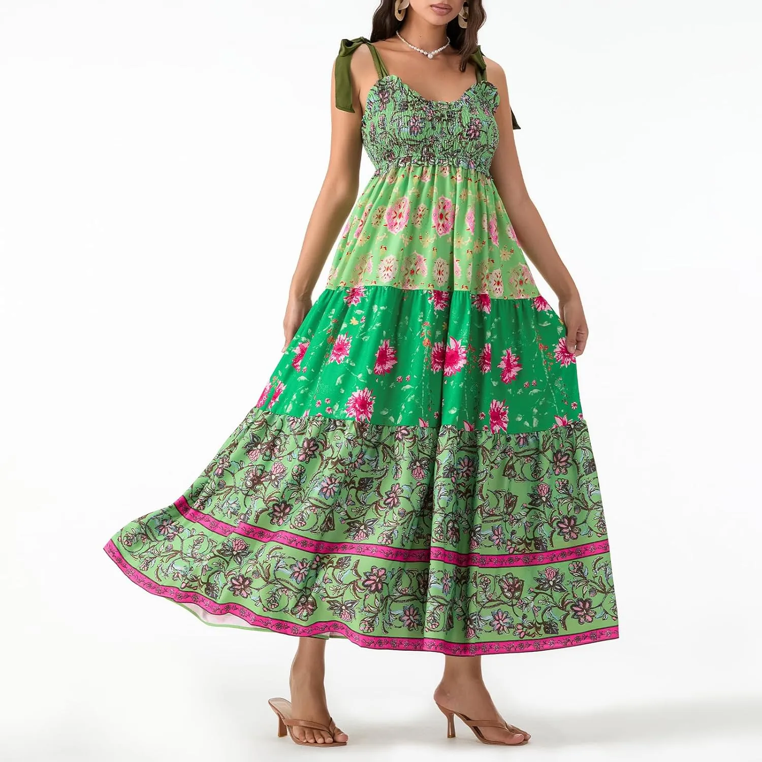 Women's Boho Tie Shoulder Dress Y2k Floral Long Flowy Maxi Dresses Cute Summer Smocked Picnic Beach Cami Sundress