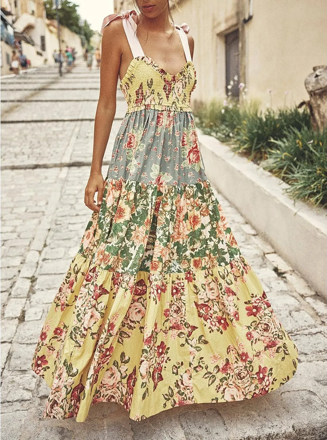 Women's Boho Tie Shoulder Dress Y2k Floral Long Flowy Maxi Dresses Cute Summer Smocked Picnic Beach Cami Sundress