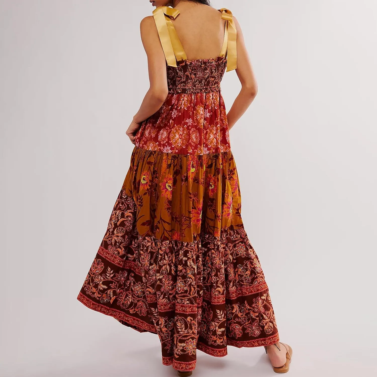 Women's Boho Tie Shoulder Dress Y2k Floral Long Flowy Maxi Dresses Cute Summer Smocked Picnic Beach Cami Sundress