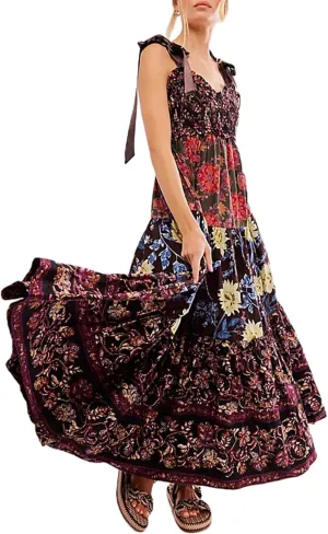 Women's Boho Tie Shoulder Dress Y2k Floral Long Flowy Maxi Dresses Cute Summer Smocked Picnic Beach Cami Sundress