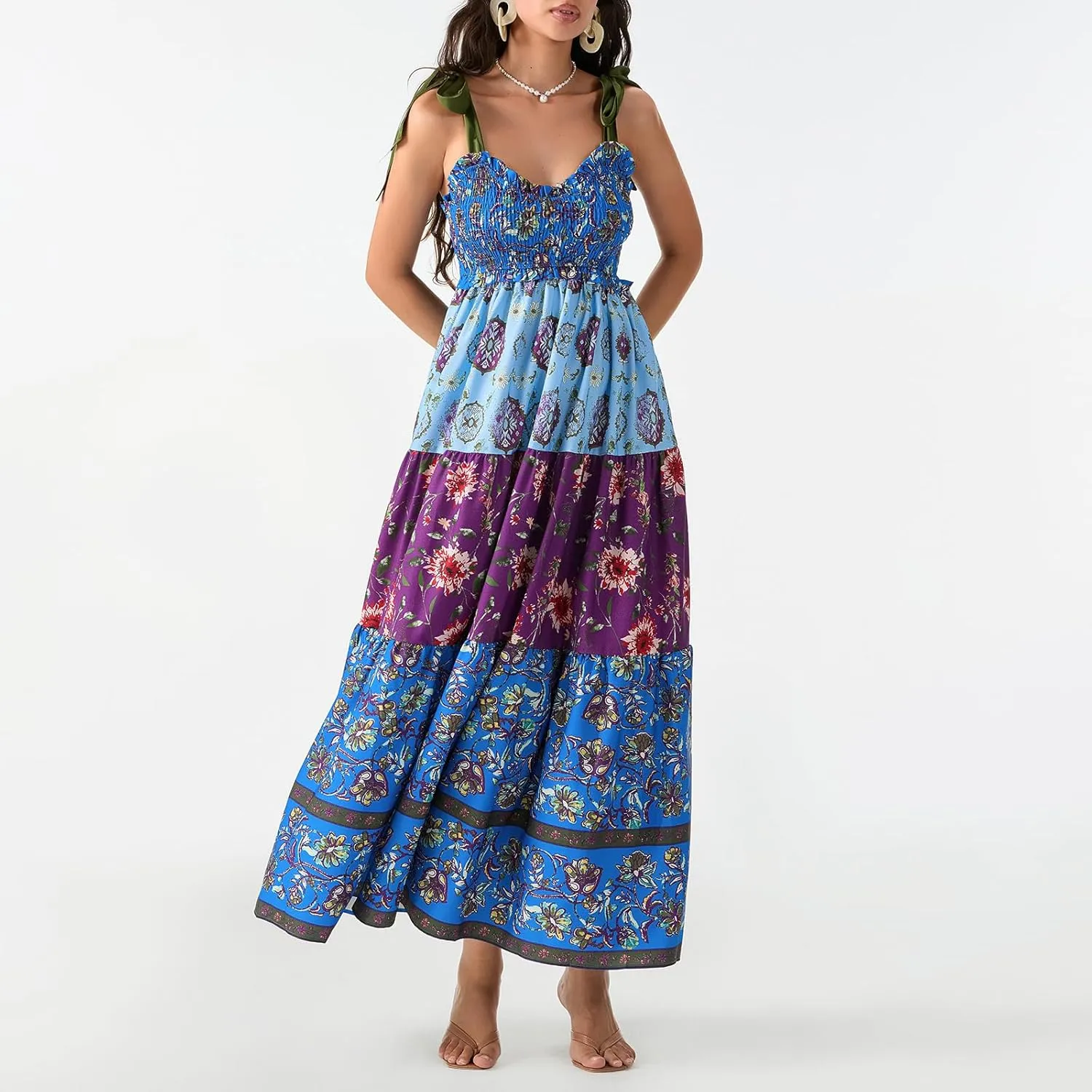 Women's Boho Tie Shoulder Dress Y2k Floral Long Flowy Maxi Dresses Cute Summer Smocked Picnic Beach Cami Sundress