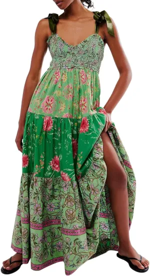 Women's Boho Tie Shoulder Dress Y2k Floral Long Flowy Maxi Dresses Cute Summer Smocked Picnic Beach Cami Sundress