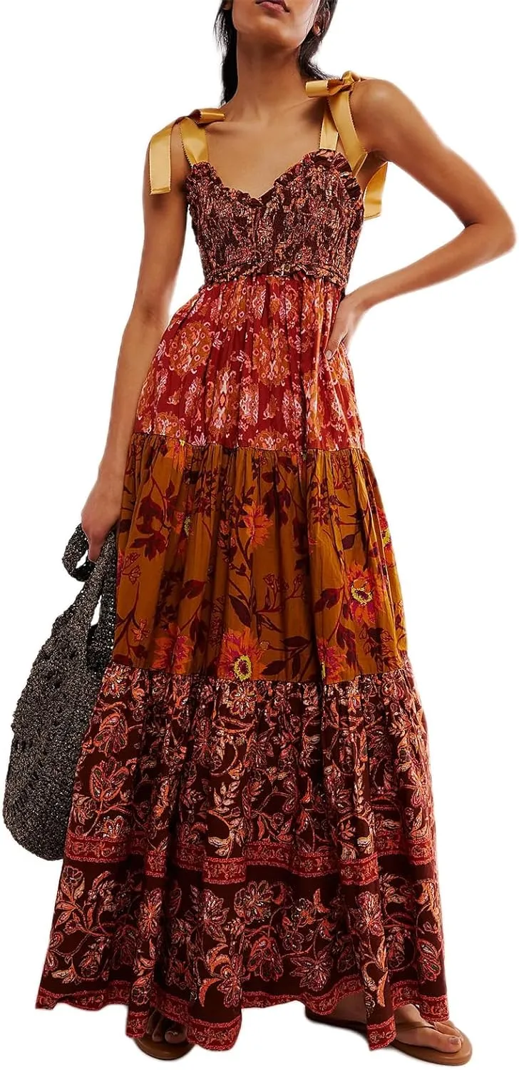 Women's Boho Tie Shoulder Dress Y2k Floral Long Flowy Maxi Dresses Cute Summer Smocked Picnic Beach Cami Sundress