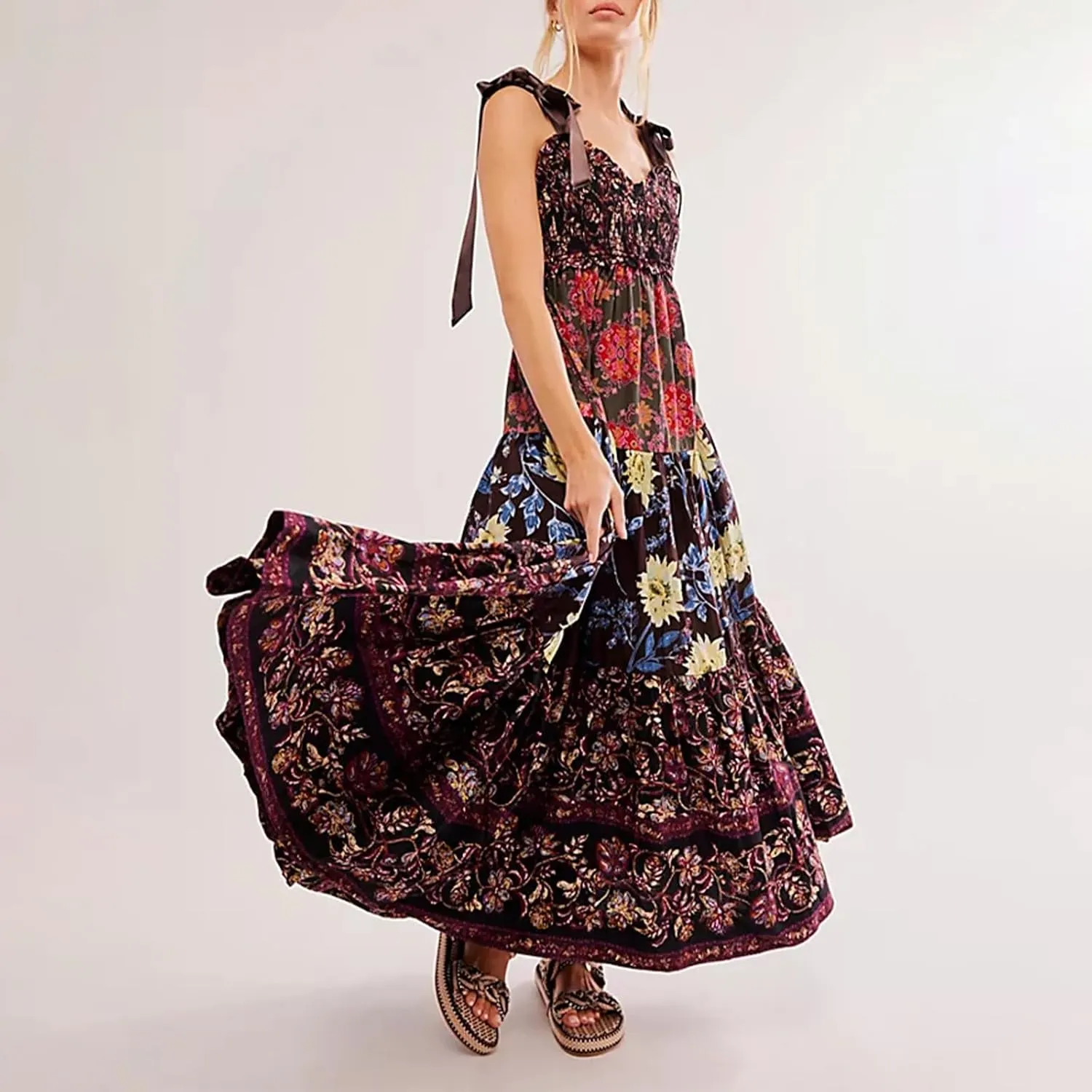 Women's Boho Tie Shoulder Dress Y2k Floral Long Flowy Maxi Dresses Cute Summer Smocked Picnic Beach Cami Sundress