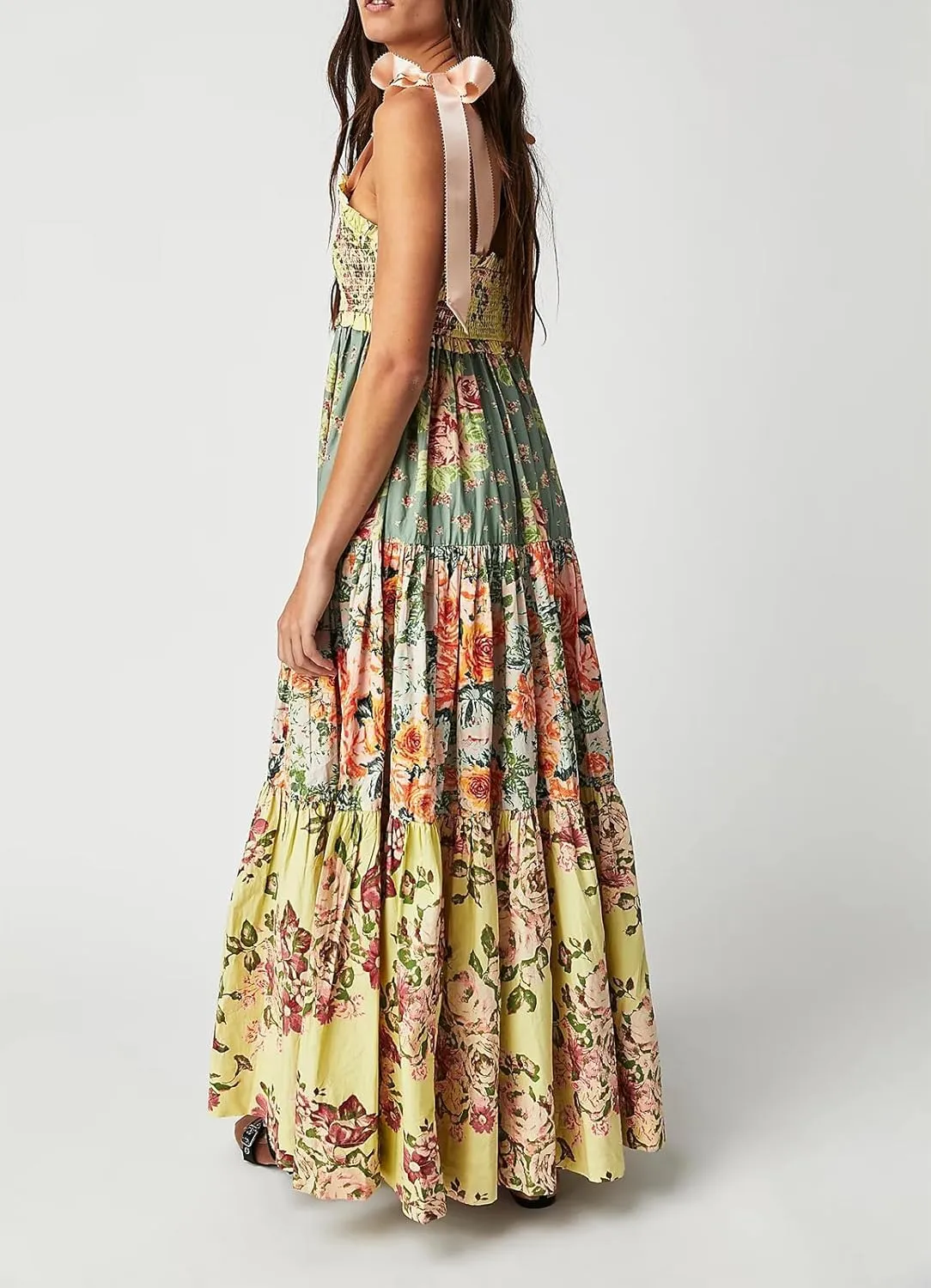Women's Boho Tie Shoulder Dress Y2k Floral Long Flowy Maxi Dresses Cute Summer Smocked Picnic Beach Cami Sundress