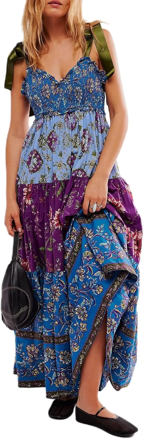 Women's Boho Tie Shoulder Dress Y2k Floral Long Flowy Maxi Dresses Cute Summer Smocked Picnic Beach Cami Sundress