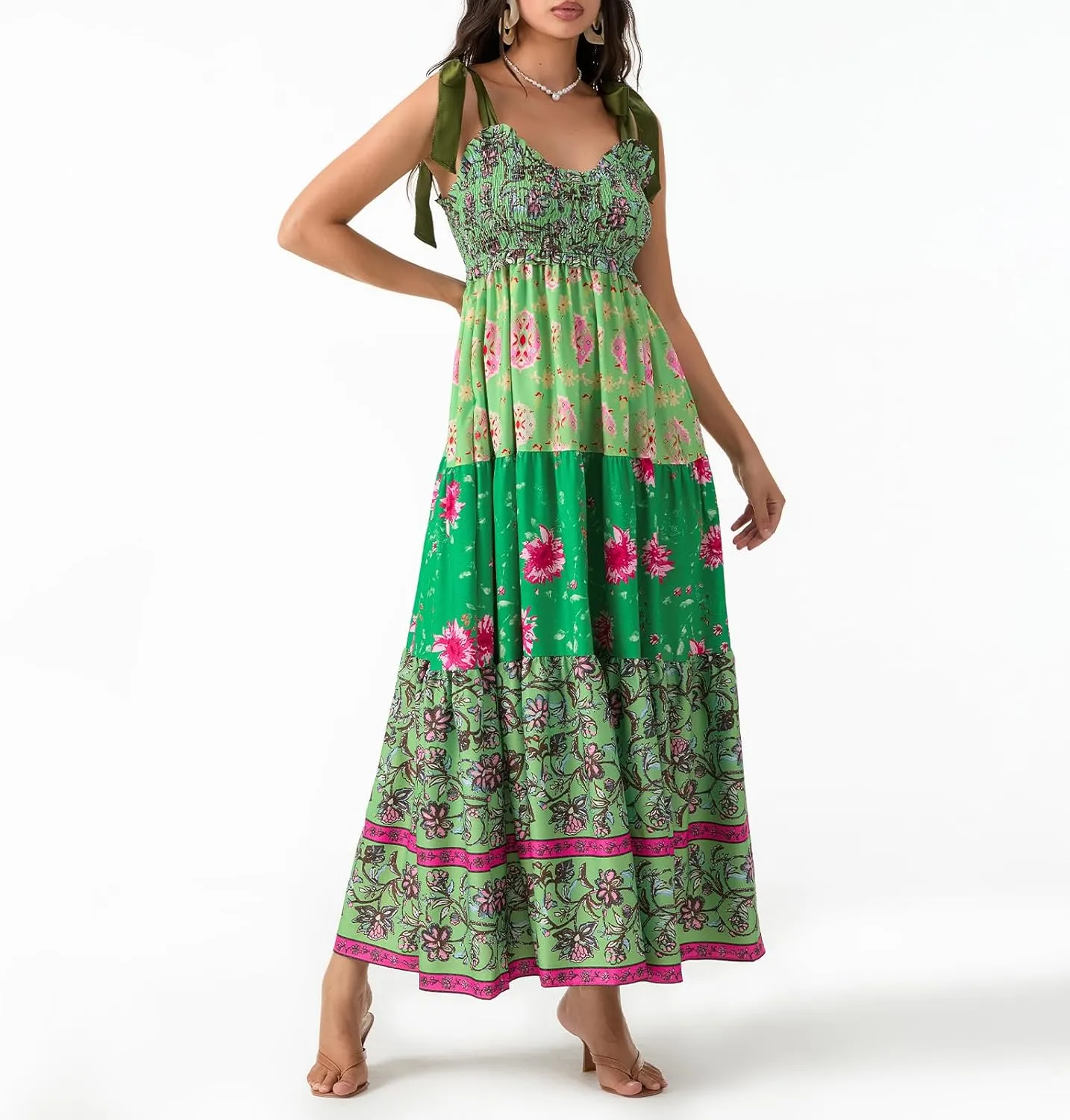 Women's Boho Tie Shoulder Dress Y2k Floral Long Flowy Maxi Dresses Cute Summer Smocked Picnic Beach Cami Sundress