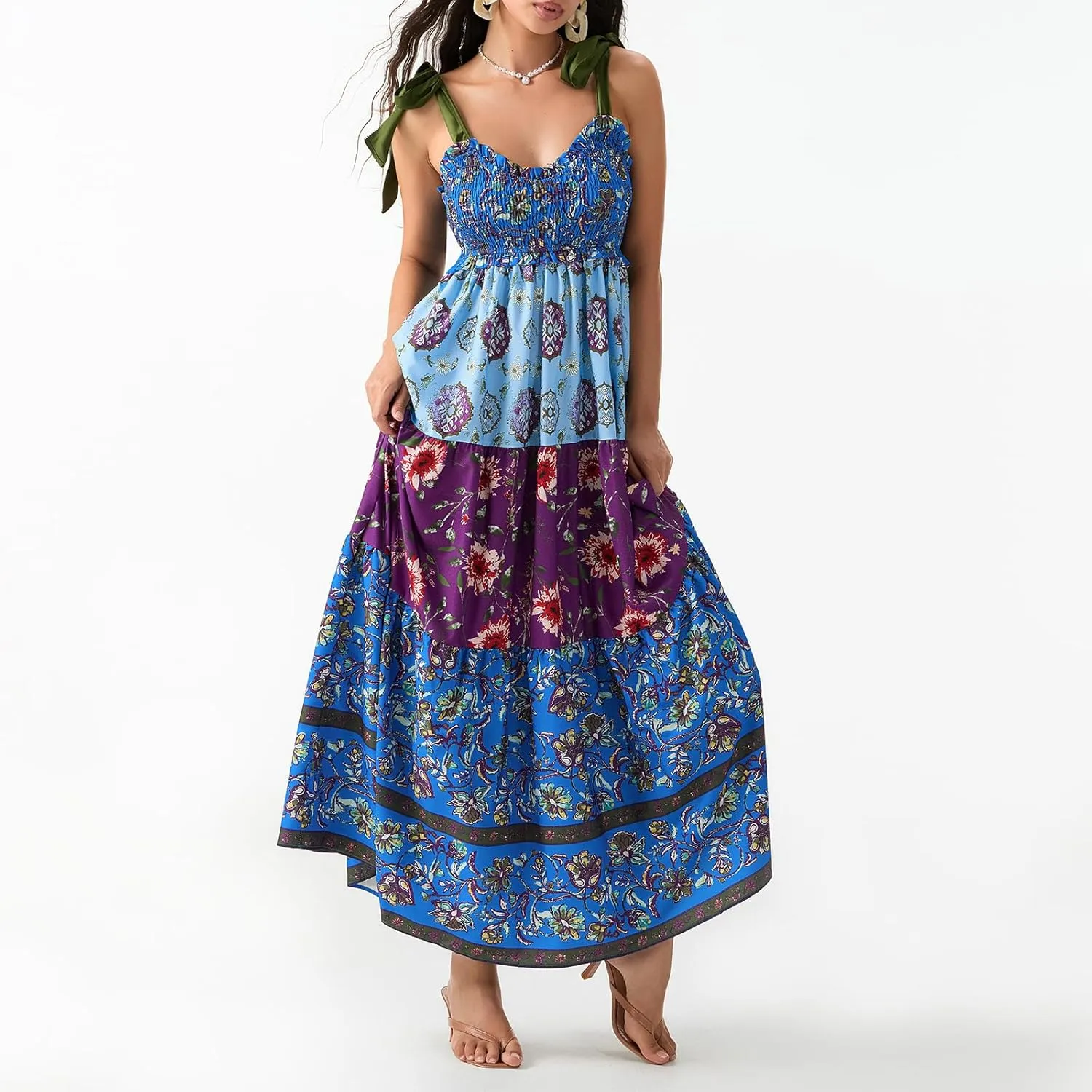 Women's Boho Tie Shoulder Dress Y2k Floral Long Flowy Maxi Dresses Cute Summer Smocked Picnic Beach Cami Sundress