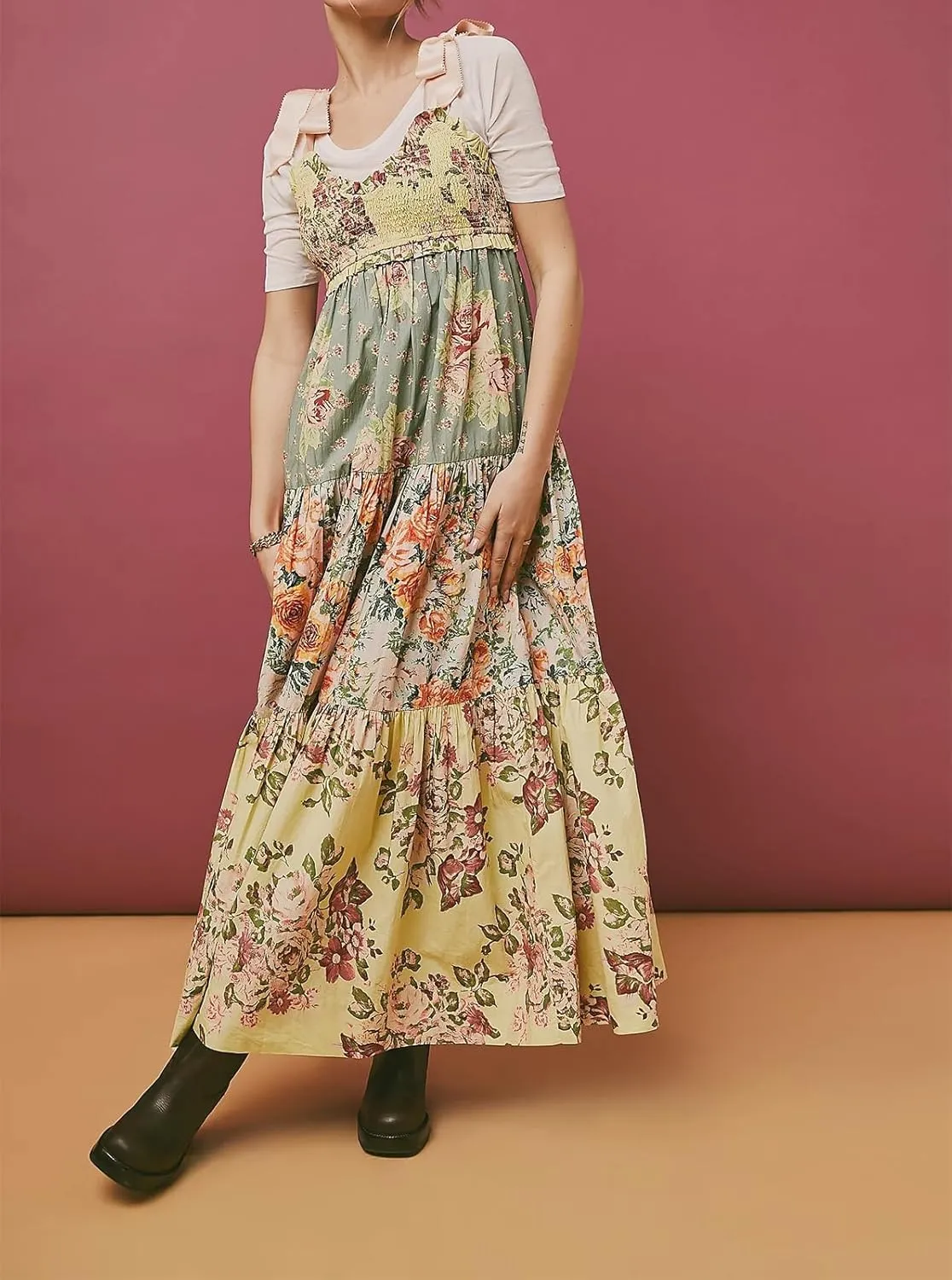 Women's Boho Tie Shoulder Dress Y2k Floral Long Flowy Maxi Dresses Cute Summer Smocked Picnic Beach Cami Sundress