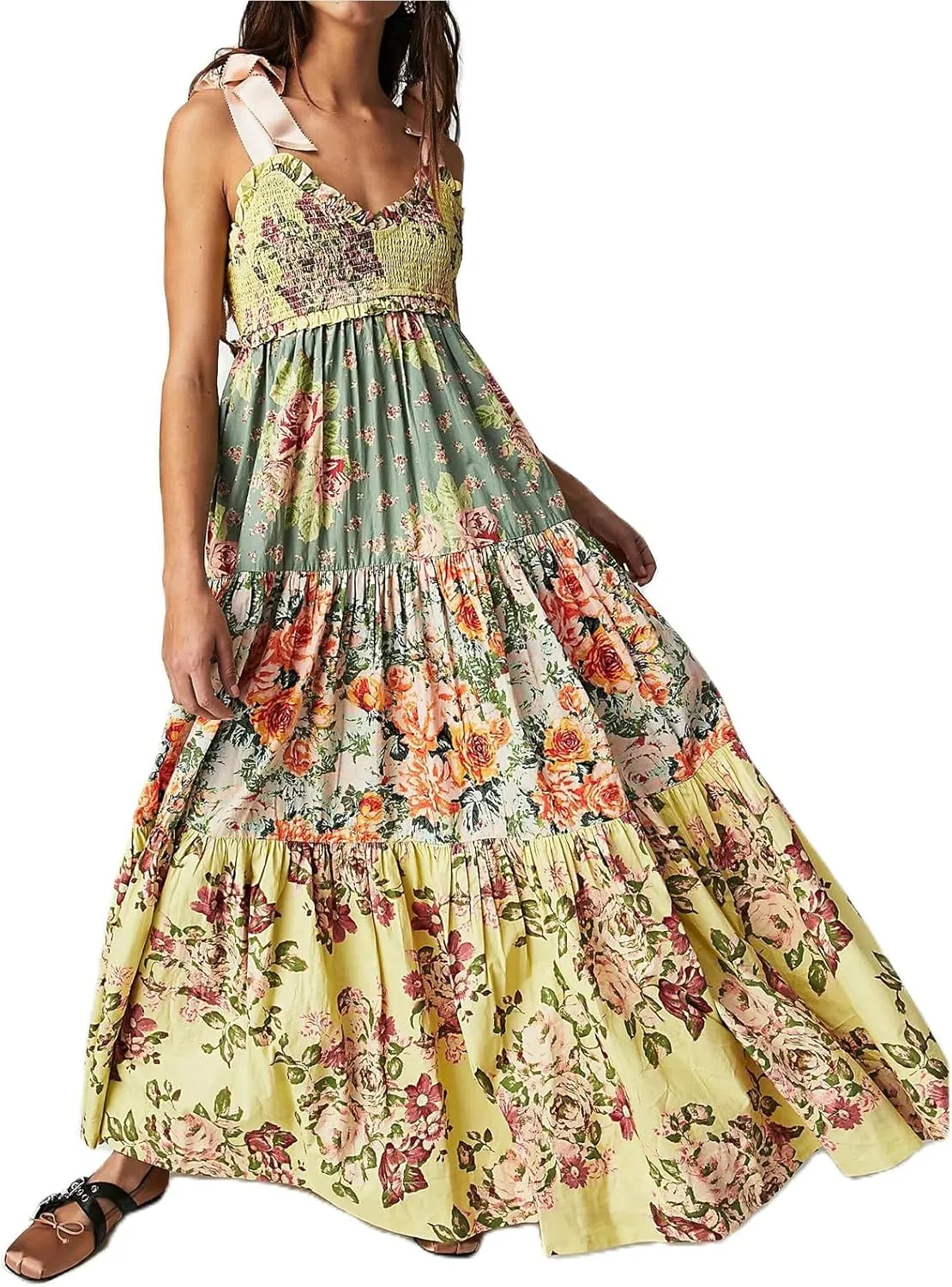 Women's Boho Tie Shoulder Dress Y2k Floral Long Flowy Maxi Dresses Cute Summer Smocked Picnic Beach Cami Sundress