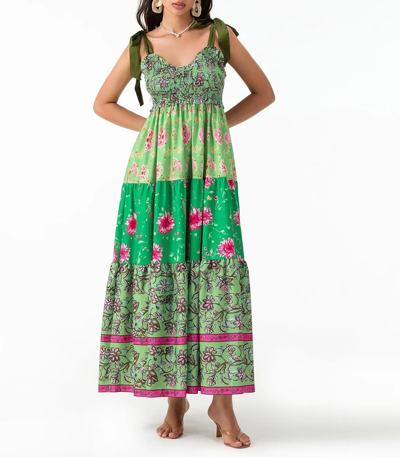 Women's Boho Tie Shoulder Dress Y2k Floral Long Flowy Maxi Dresses Cute Summer Smocked Picnic Beach Cami Sundress