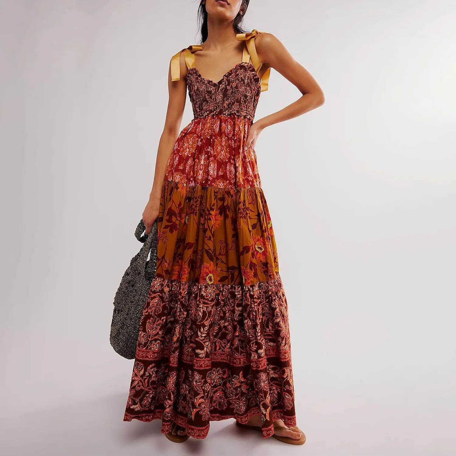 Women's Boho Tie Shoulder Dress Y2k Floral Long Flowy Maxi Dresses Cute Summer Smocked Picnic Beach Cami Sundress