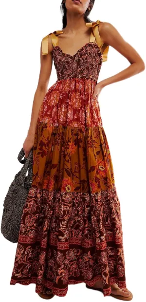 Women's Boho Tie Shoulder Dress Y2k Floral Long Flowy Maxi Dresses Cute Summer Smocked Picnic Beach Cami Sundress