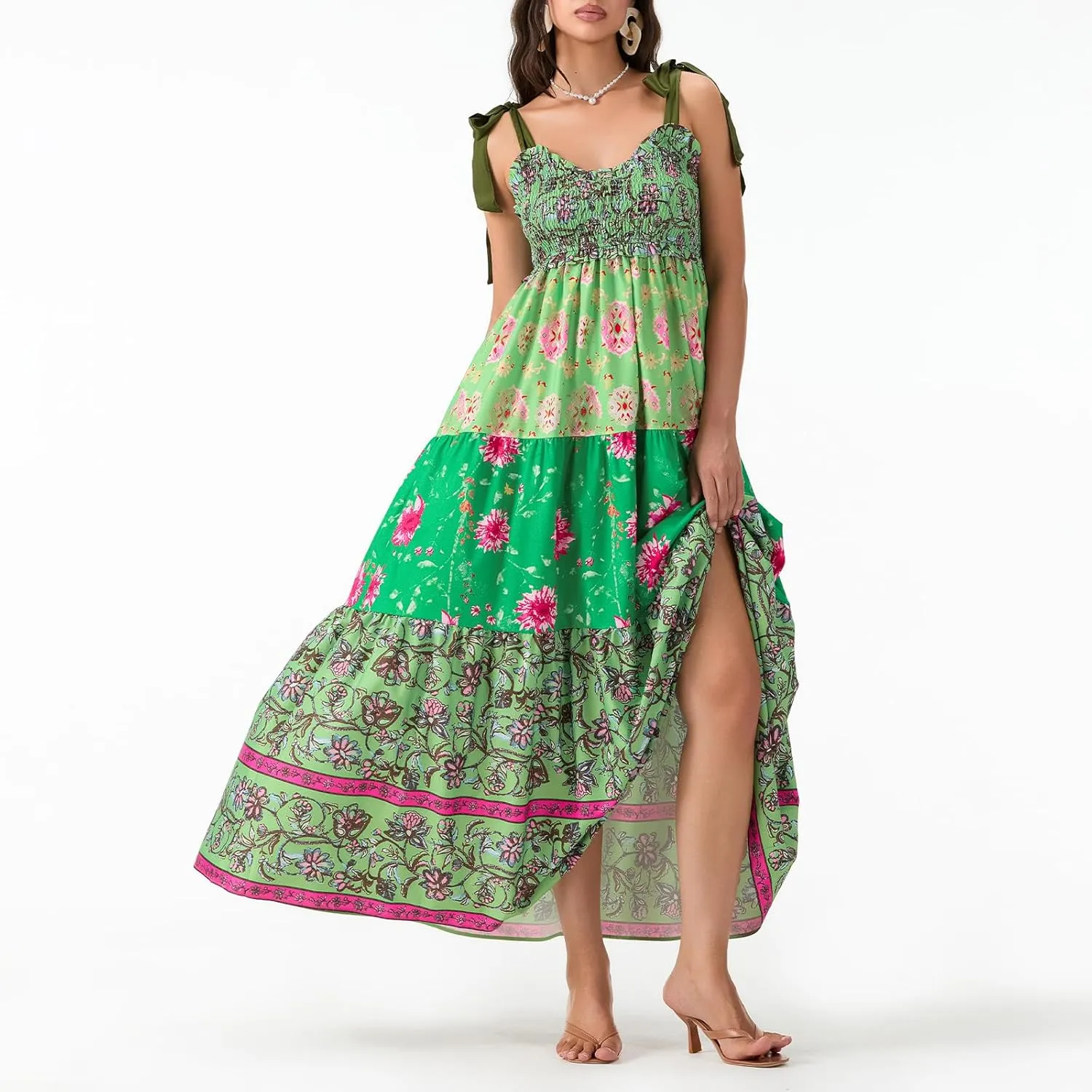 Women's Boho Tie Shoulder Dress Y2k Floral Long Flowy Maxi Dresses Cute Summer Smocked Picnic Beach Cami Sundress