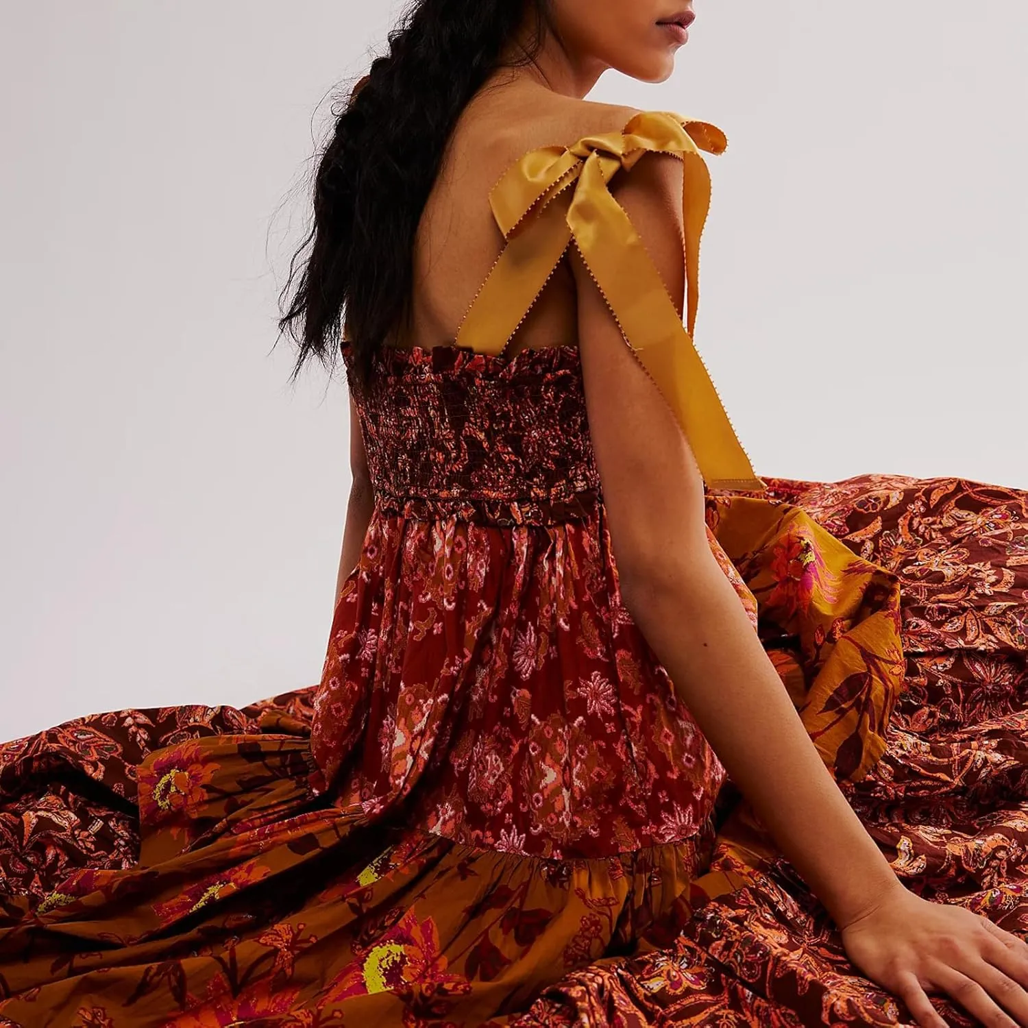 Women's Boho Tie Shoulder Dress Y2k Floral Long Flowy Maxi Dresses Cute Summer Smocked Picnic Beach Cami Sundress