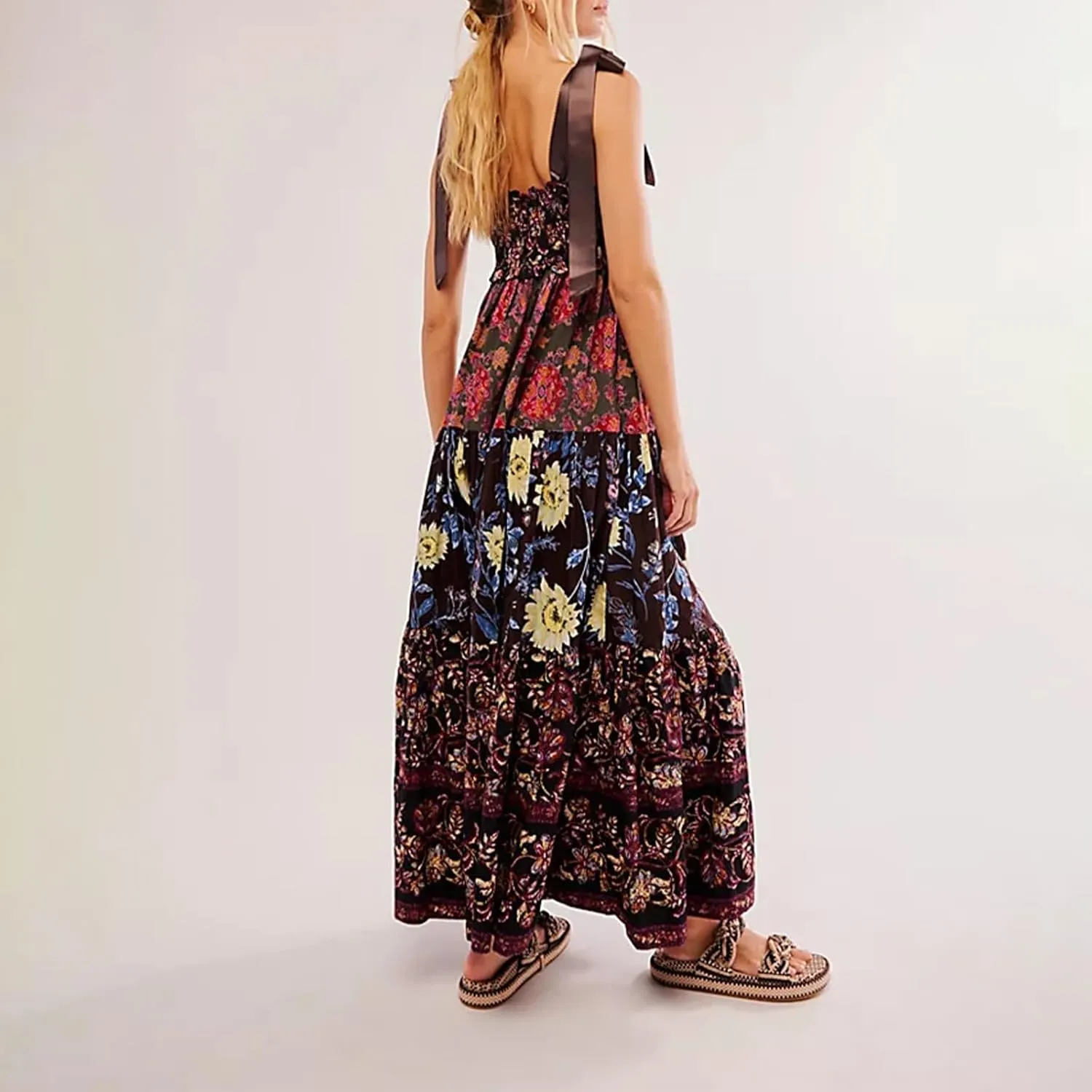 Women's Boho Tie Shoulder Dress Y2k Floral Long Flowy Maxi Dresses Cute Summer Smocked Picnic Beach Cami Sundress