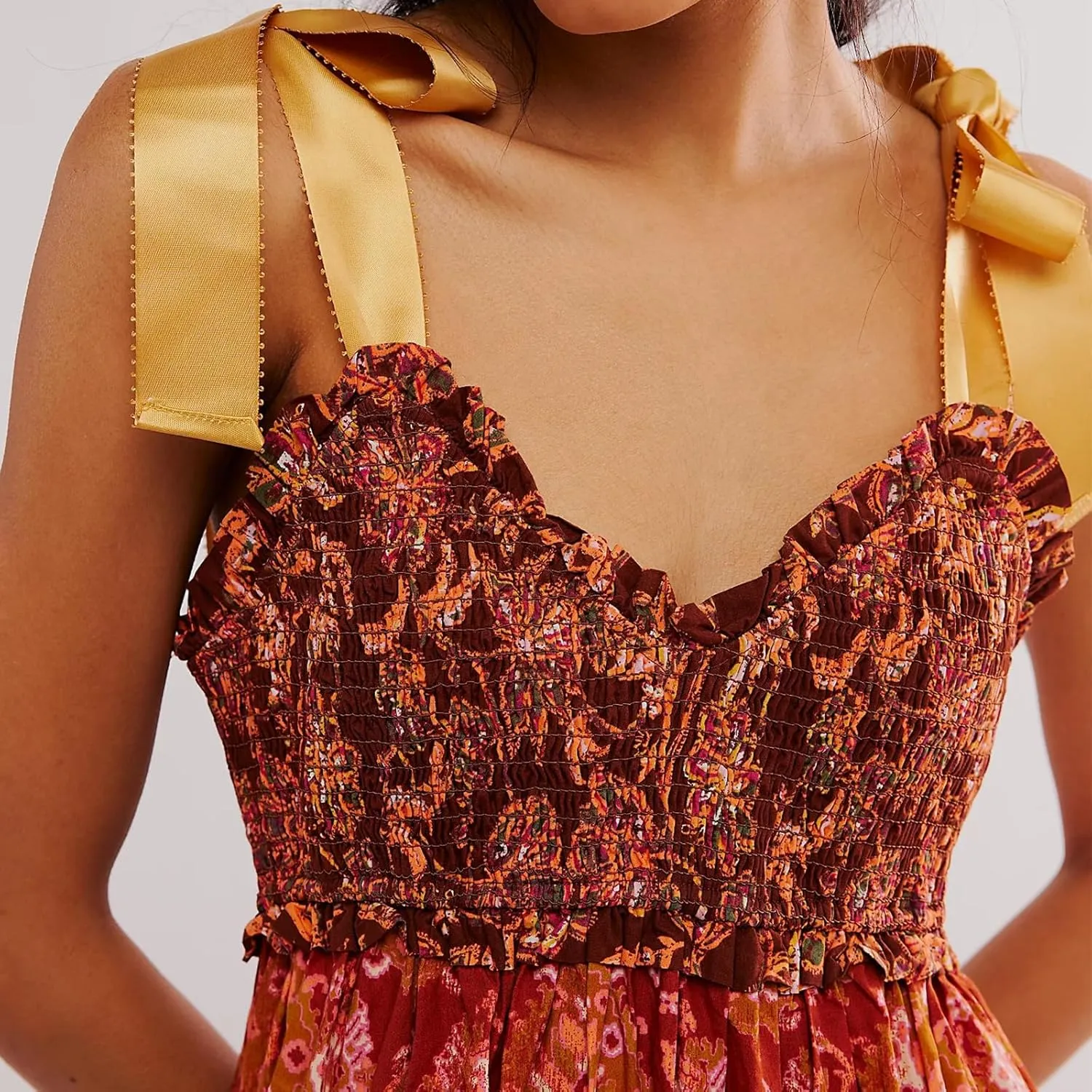 Women's Boho Tie Shoulder Dress Y2k Floral Long Flowy Maxi Dresses Cute Summer Smocked Picnic Beach Cami Sundress