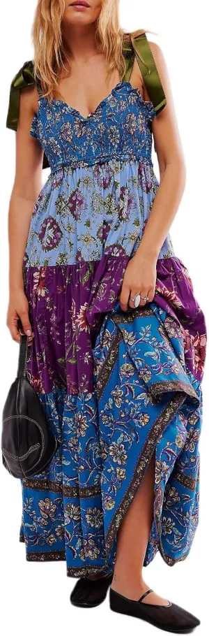 Women's Boho Tie Shoulder Dress Y2k Floral Long Flowy Maxi Dresses Cute Summer Smocked Picnic Beach Cami Sundress