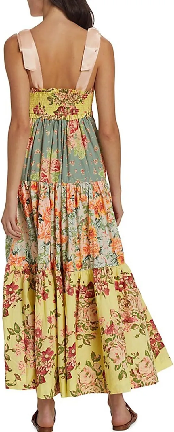 Women's Boho Tie Shoulder Dress Y2k Floral Long Flowy Maxi Dresses Cute Summer Smocked Picnic Beach Cami Sundress