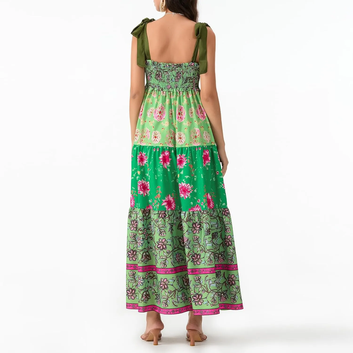 Women's Boho Tie Shoulder Dress Y2k Floral Long Flowy Maxi Dresses Cute Summer Smocked Picnic Beach Cami Sundress