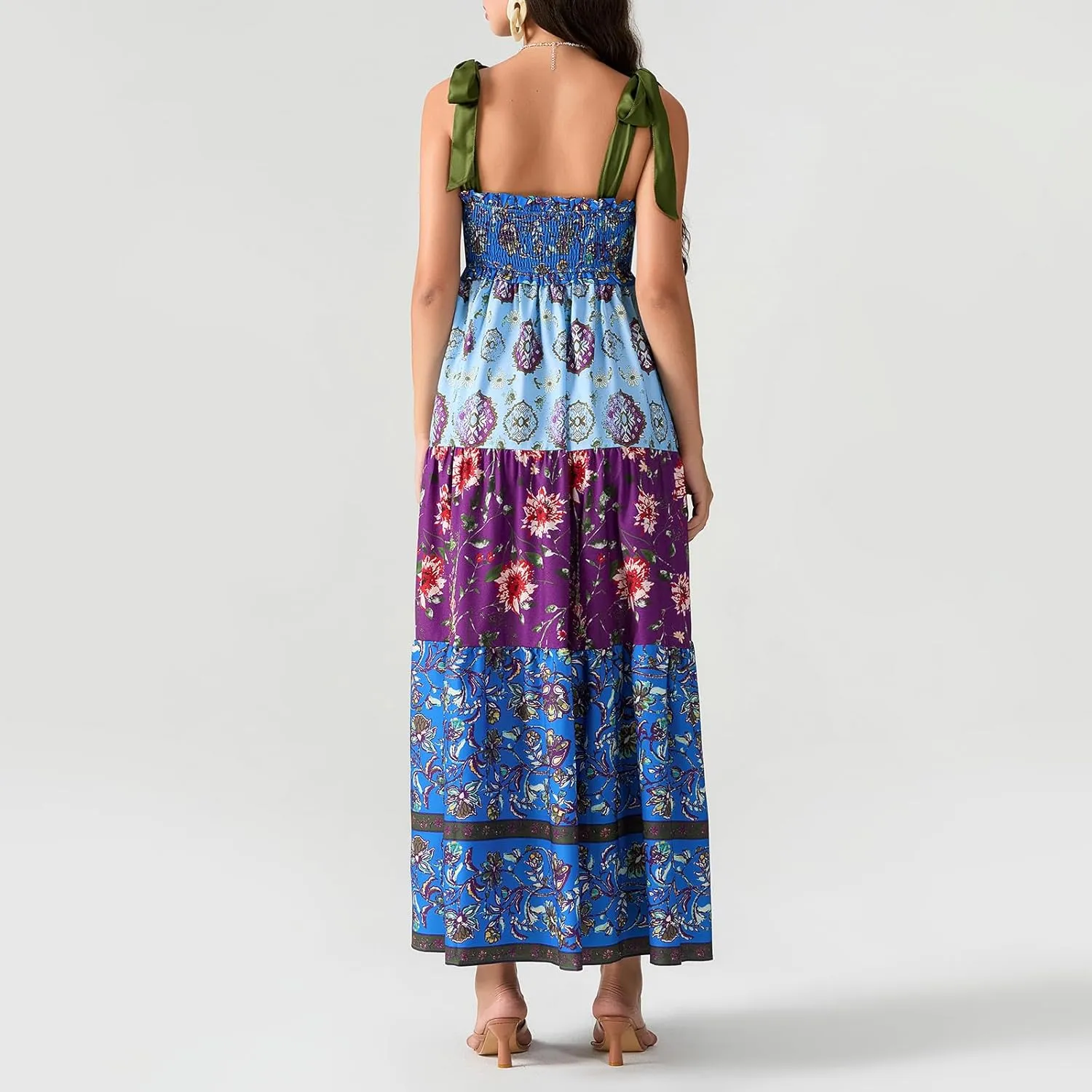Women's Boho Tie Shoulder Dress Y2k Floral Long Flowy Maxi Dresses Cute Summer Smocked Picnic Beach Cami Sundress