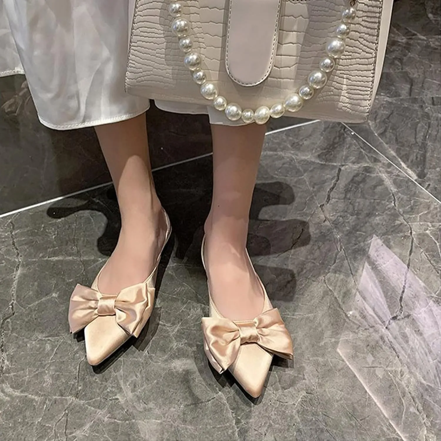 Women's Bow Pointed Toe Slingback Flats Comfortable Satin Slip On Pumps Office Work Wedding Party Dressy Flats