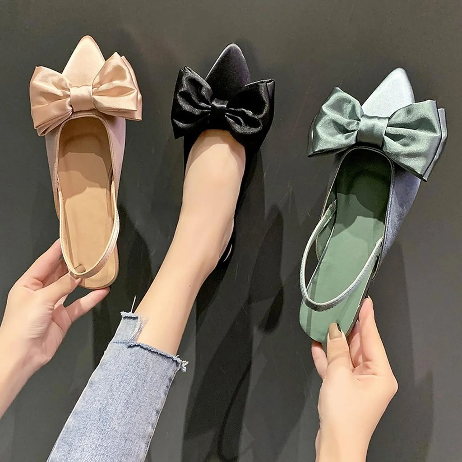 Women's Bow Pointed Toe Slingback Flats Comfortable Satin Slip On Pumps Office Work Wedding Party Dressy Flats