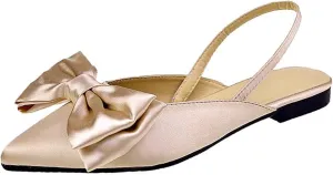 Women's Bow Pointed Toe Slingback Flats Comfortable Satin Slip On Pumps Office Work Wedding Party Dressy Flats