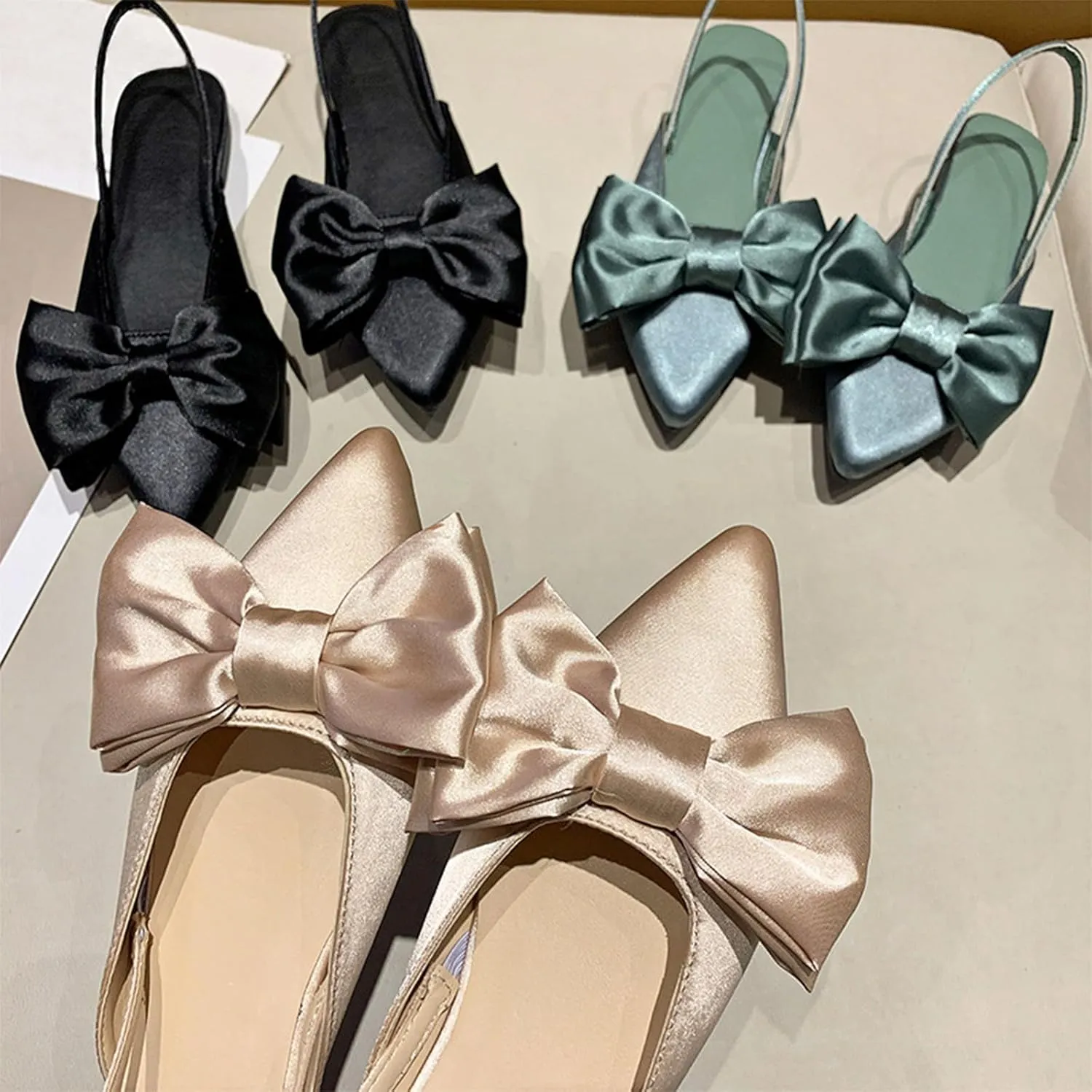 Women's Bow Pointed Toe Slingback Flats Comfortable Satin Slip On Pumps Office Work Wedding Party Dressy Flats