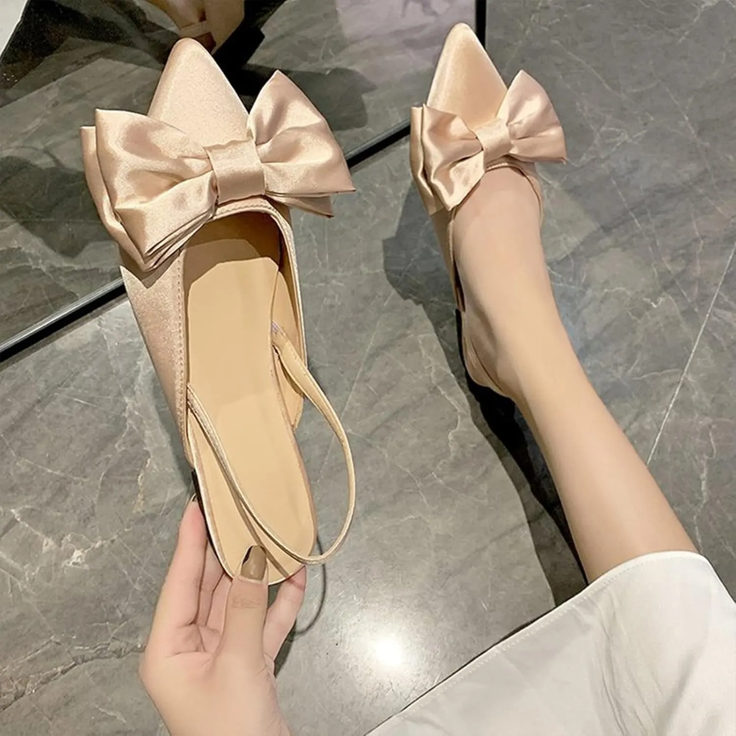 Women's Bow Pointed Toe Slingback Flats Comfortable Satin Slip On Pumps Office Work Wedding Party Dressy Flats