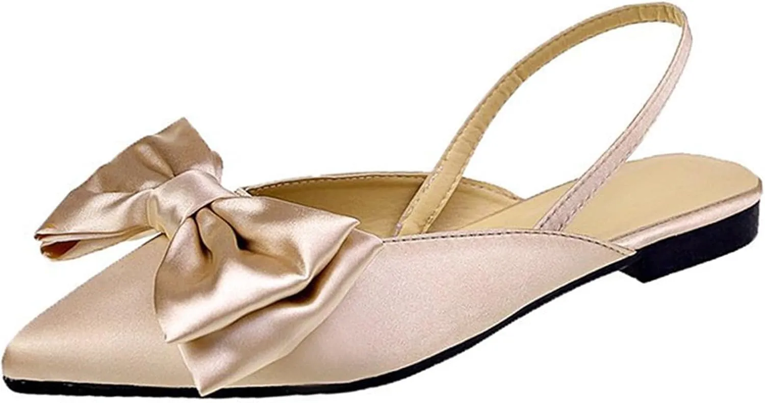 Women's Bow Pointed Toe Slingback Flats Comfortable Satin Slip On Pumps Office Work Wedding Party Dressy Flats