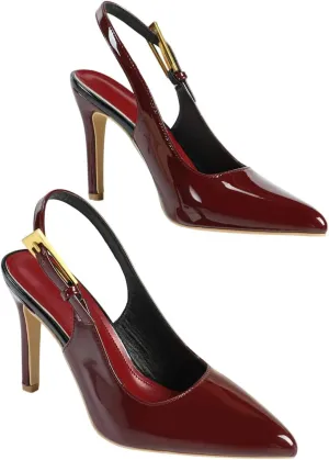 Women's Burgundy Patent Leather High-Heel Sandals | Pointed-Toe Slingback Pumps with Gold Buckle | Elegant Banquet Business Shoes | 2025 Trendy Formal Dress Heels