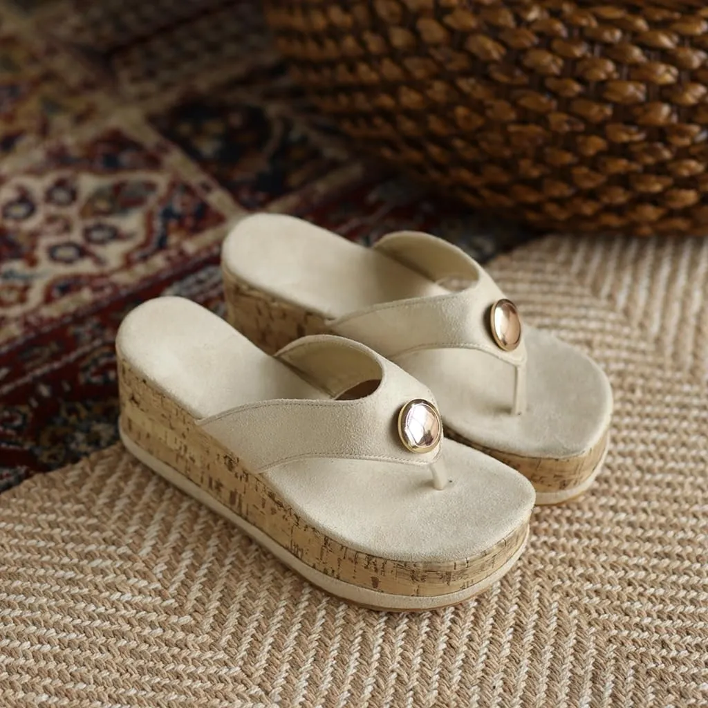 Women's Casual Open Toe Cork Wedge Flipflops Sandals Slip On Metallic Platform High Heel Thong Sandal
