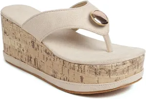Women's Casual Open Toe Cork Wedge Flipflops Sandals Slip On Metallic Platform High Heel Thong Sandal