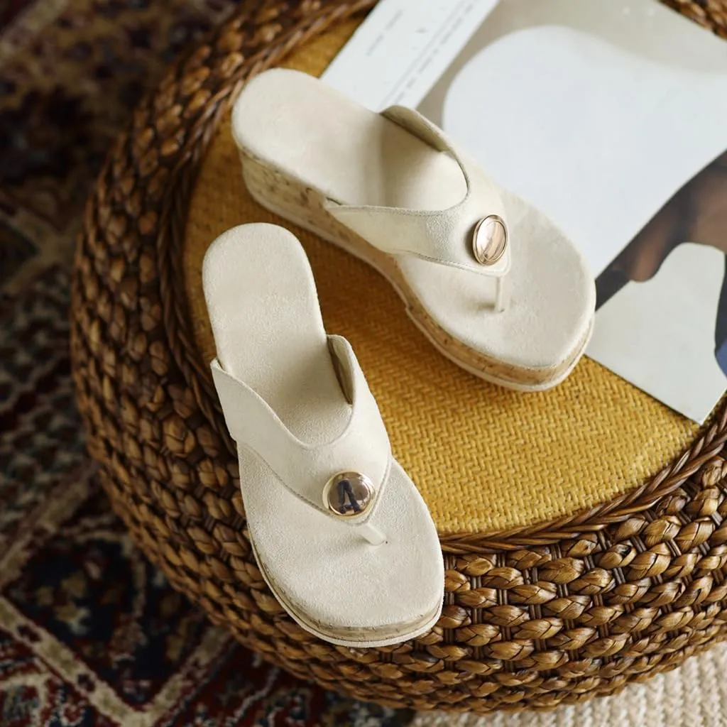 Women's Casual Open Toe Cork Wedge Flipflops Sandals Slip On Metallic Platform High Heel Thong Sandal