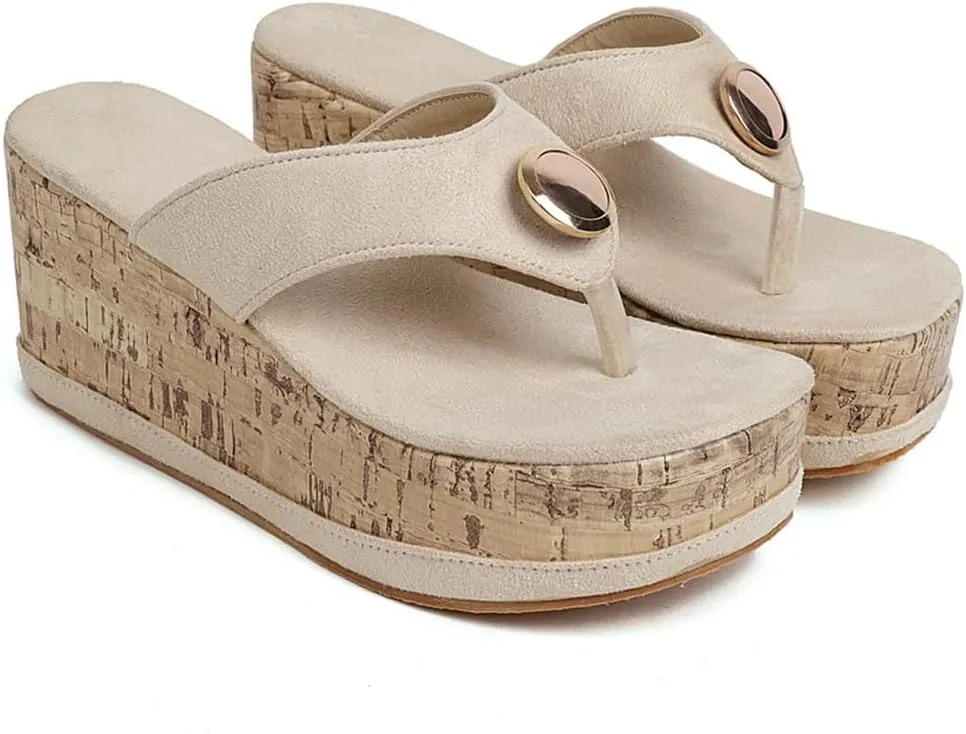 Women's Casual Open Toe Cork Wedge Flipflops Sandals Slip On Metallic Platform High Heel Thong Sandal