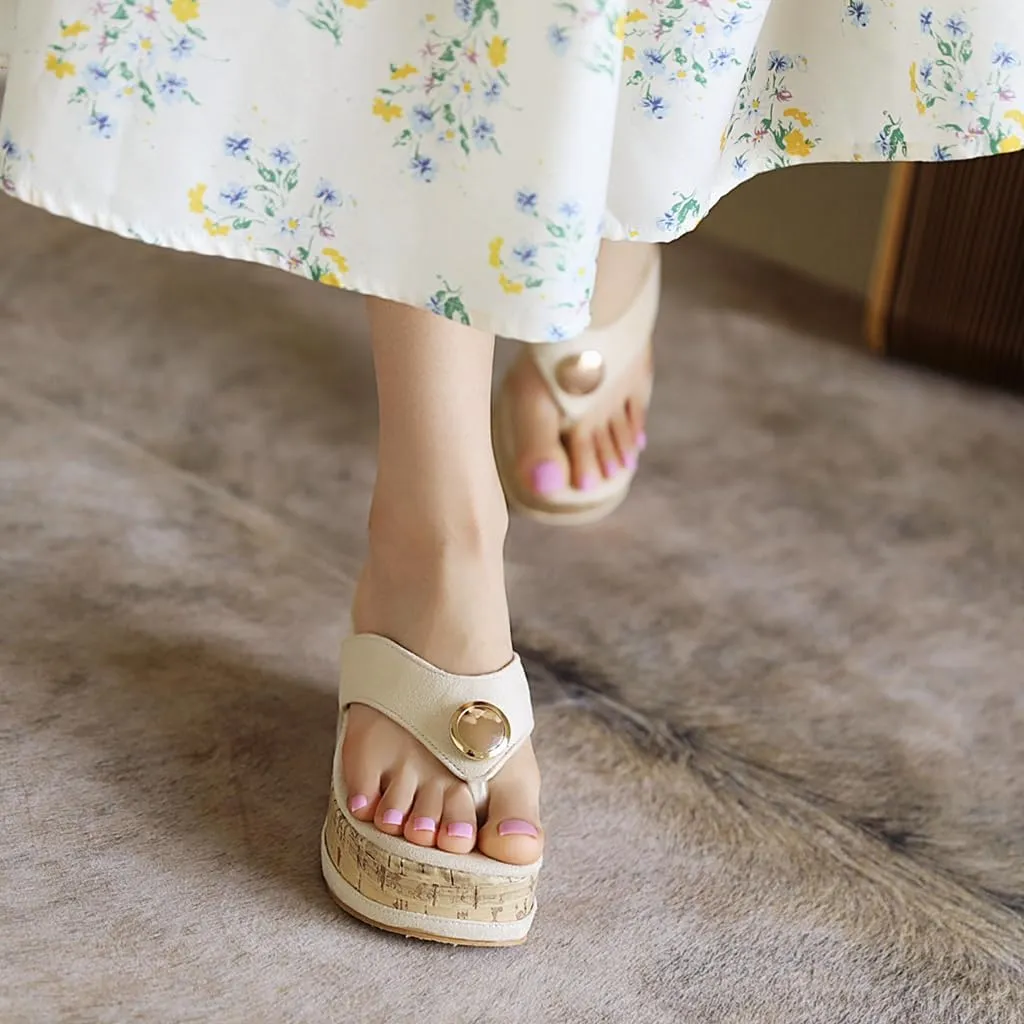 Women's Casual Open Toe Cork Wedge Flipflops Sandals Slip On Metallic Platform High Heel Thong Sandal