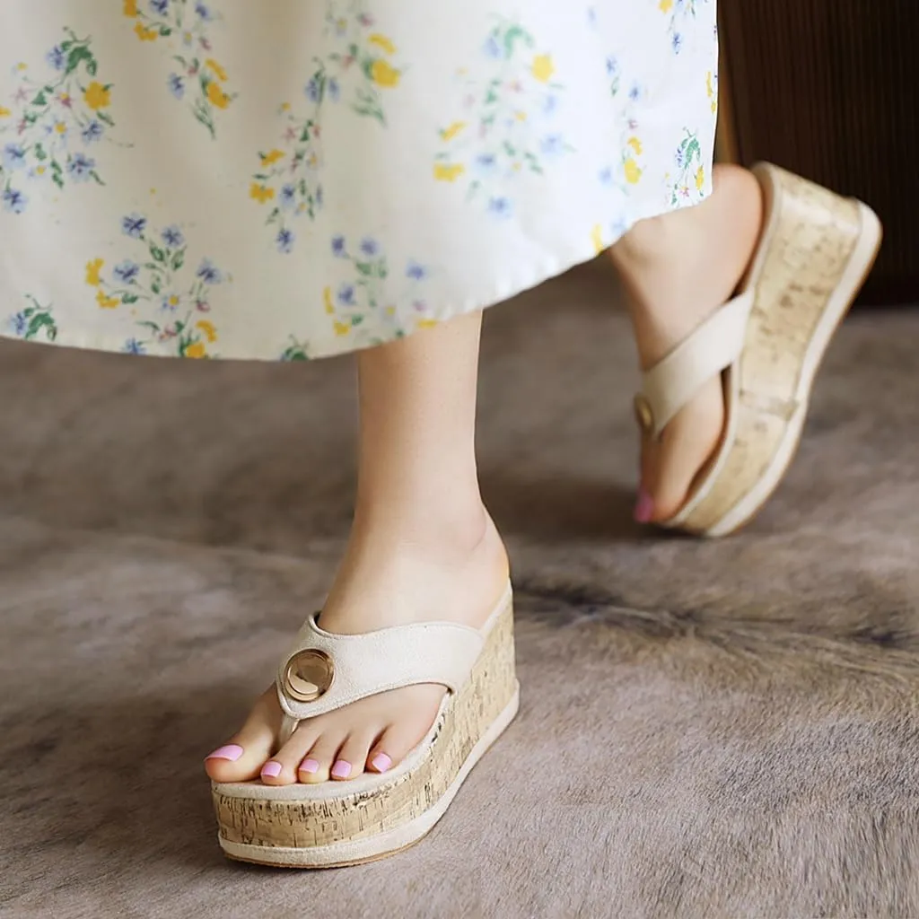 Women's Casual Open Toe Cork Wedge Flipflops Sandals Slip On Metallic Platform High Heel Thong Sandal