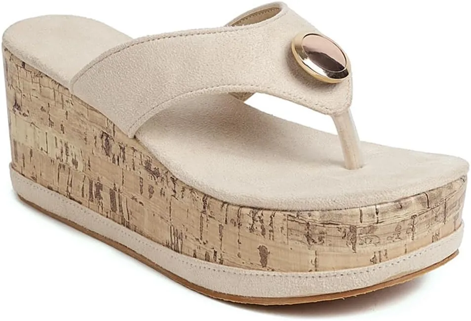Women's Casual Open Toe Cork Wedge Flipflops Sandals Slip On Metallic Platform High Heel Thong Sandal