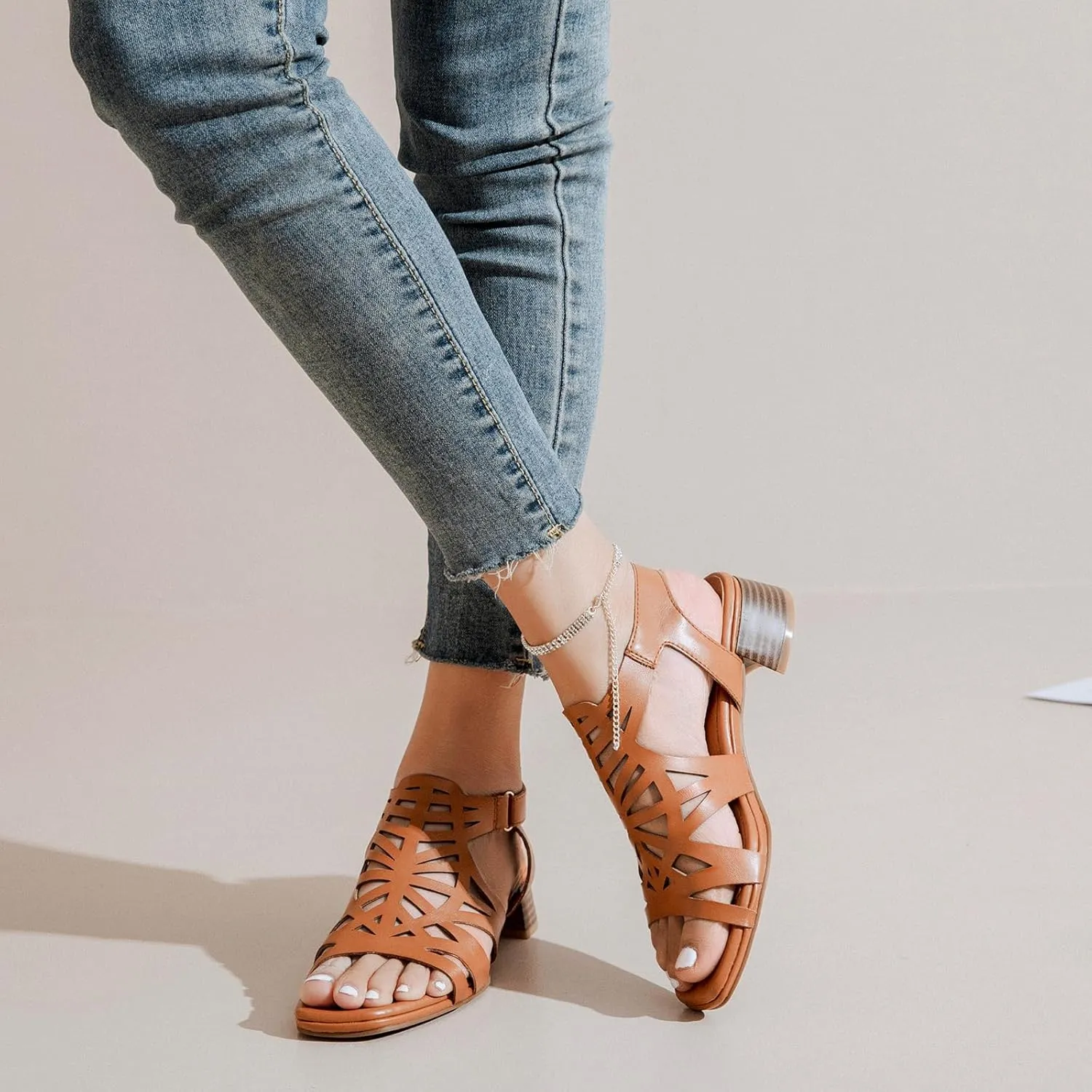 Women's Chunky Heeled Sandals - Block Low Heels Summer Ankle Strappy Square Open Toe Dressy Wedding Sandals for Women.