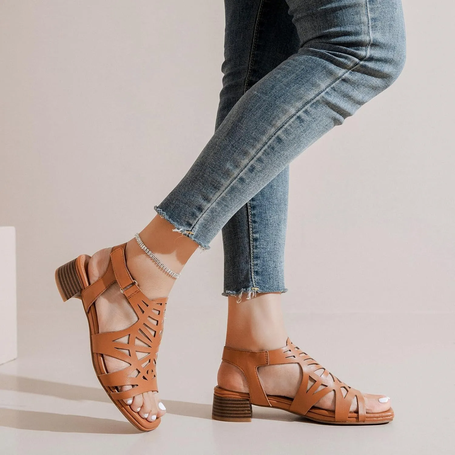 Women's Chunky Heeled Sandals - Block Low Heels Summer Ankle Strappy Square Open Toe Dressy Wedding Sandals for Women.