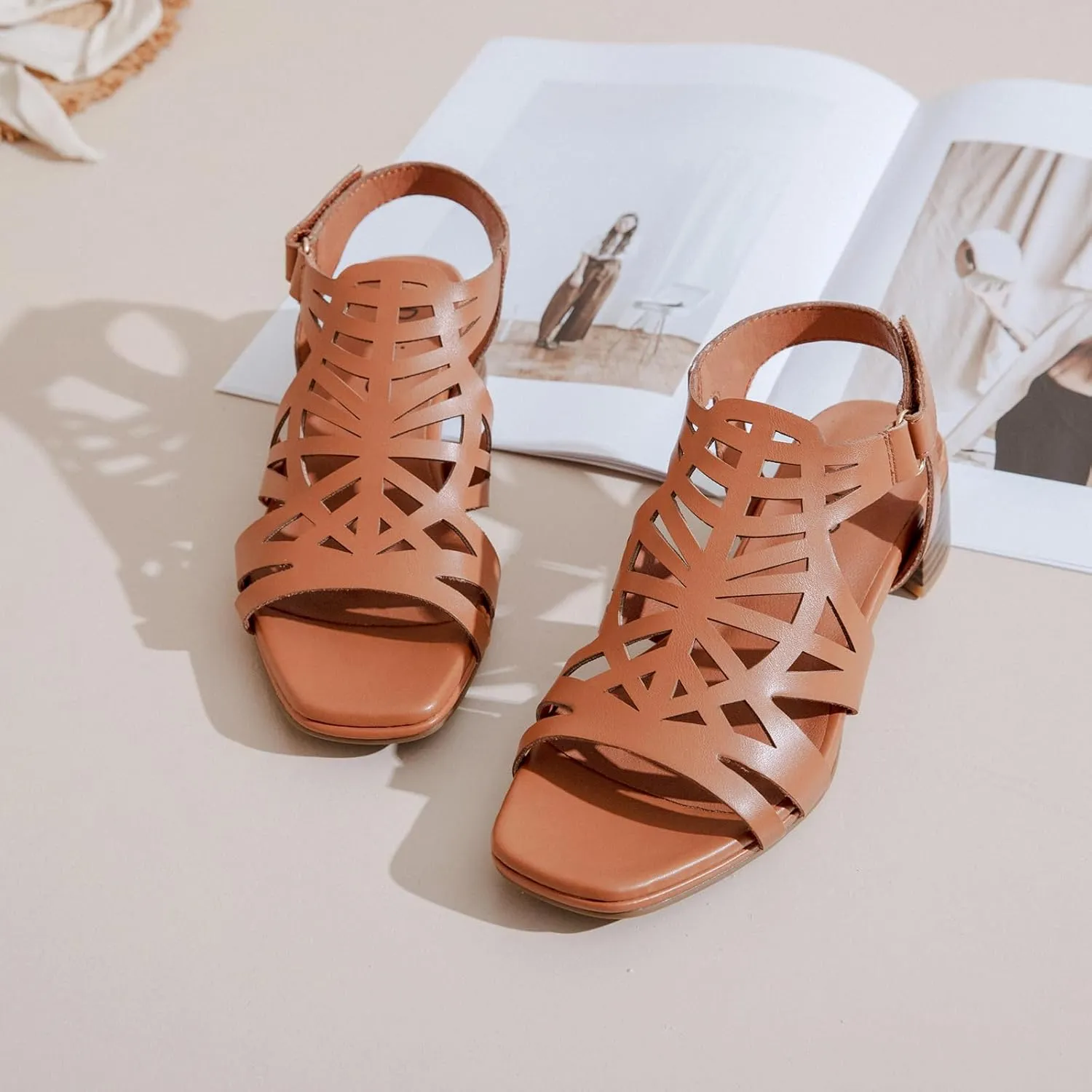Women's Chunky Heeled Sandals - Block Low Heels Summer Ankle Strappy Square Open Toe Dressy Wedding Sandals for Women.