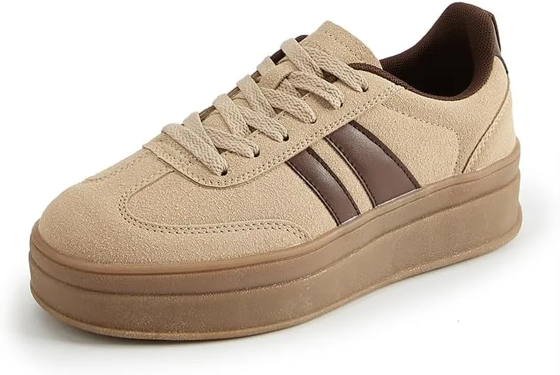 Women's Chunky Platform Sneakers - Retro Vintage Leather Casual Tennis Shoes- Thick Rubber Gum Sole Low Top Lace-Up Classic Walking Shoes