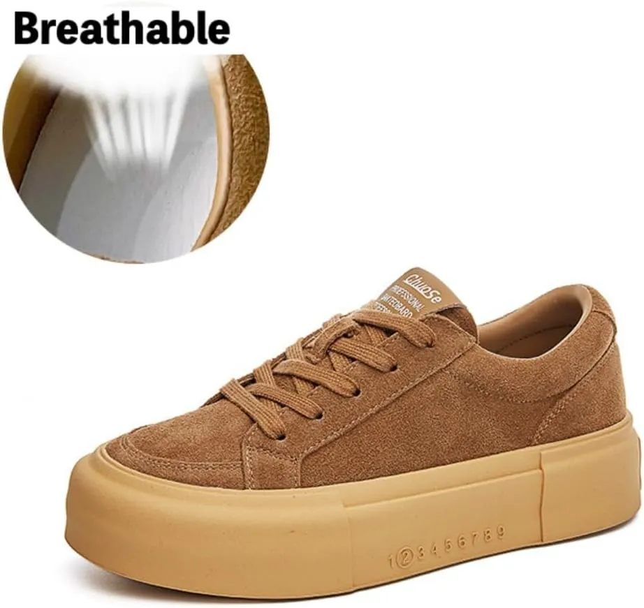 Women's Chunky Platform Sneakers Suede Lace-Up Casual Shoes with Gum Sole, Vintage Anti-Slip Leopard Print, Neutral Tones, Trendy Street Wear