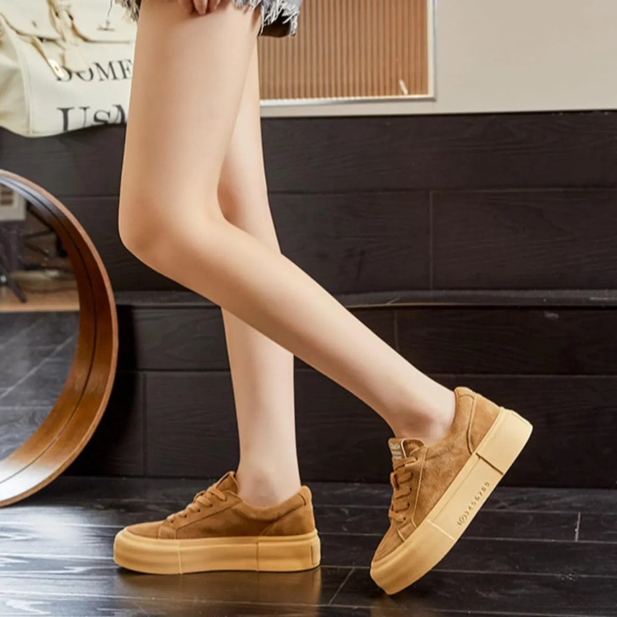 Women's Chunky Platform Sneakers Suede Lace-Up Casual Shoes with Gum Sole, Vintage Anti-Slip Leopard Print, Neutral Tones, Trendy Street Wear