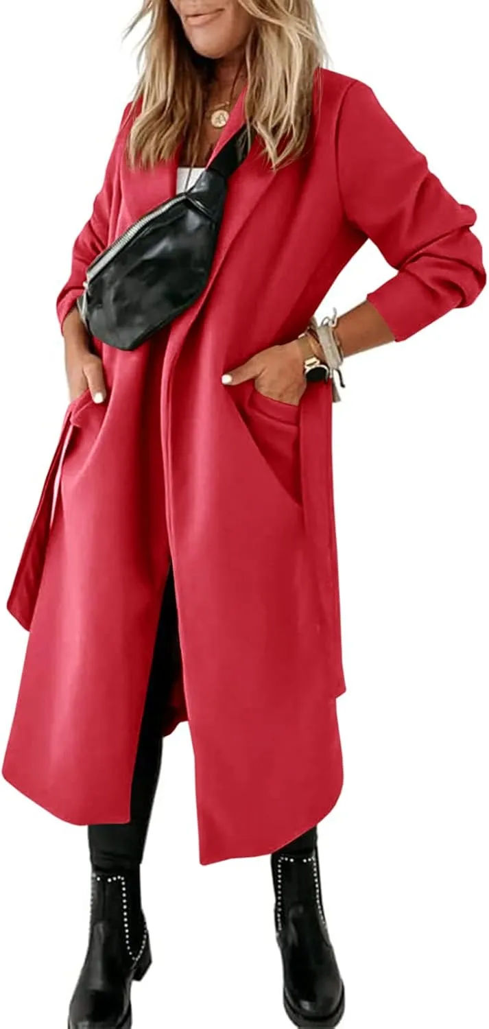 Womens Classic Coat Lapel Collar Open Front Belted Long Jacket