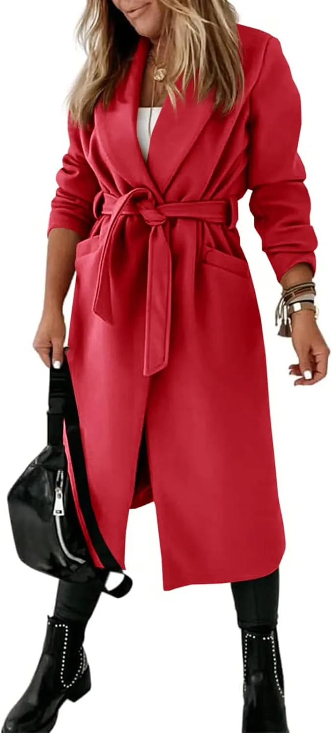 Womens Classic Coat Lapel Collar Open Front Belted Long Jacket