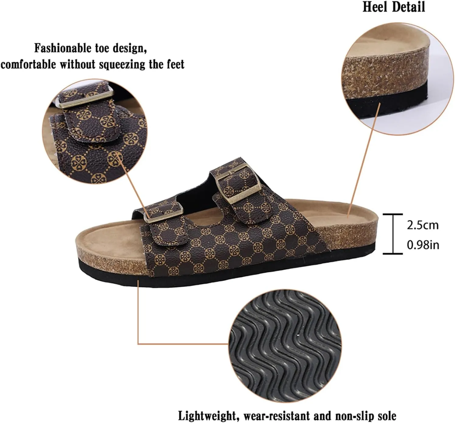 Women's Cork Insole Sandals - Printed Pattern Fashion Arch Support Flat Open Toe Beach Slippers, One Foot Stirrup Summer Anti-slip Wearable Lightweight Casual Shoes