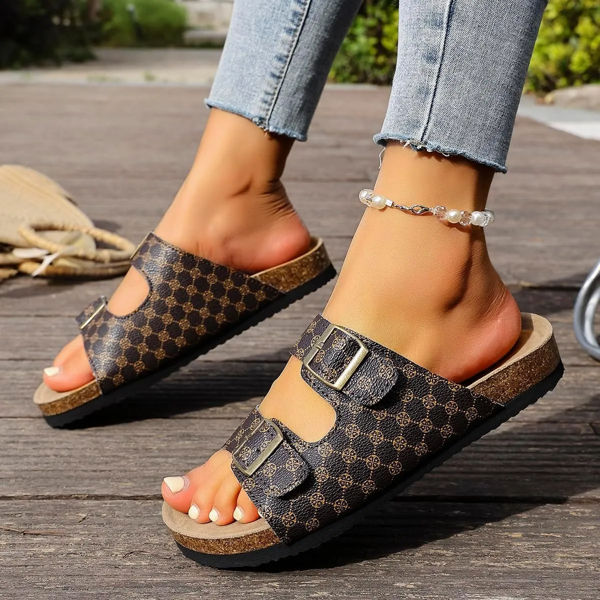 Women's Cork Insole Sandals - Printed Pattern Fashion Arch Support Flat Open Toe Beach Slippers, One Foot Stirrup Summer Anti-slip Wearable Lightweight Casual Shoes